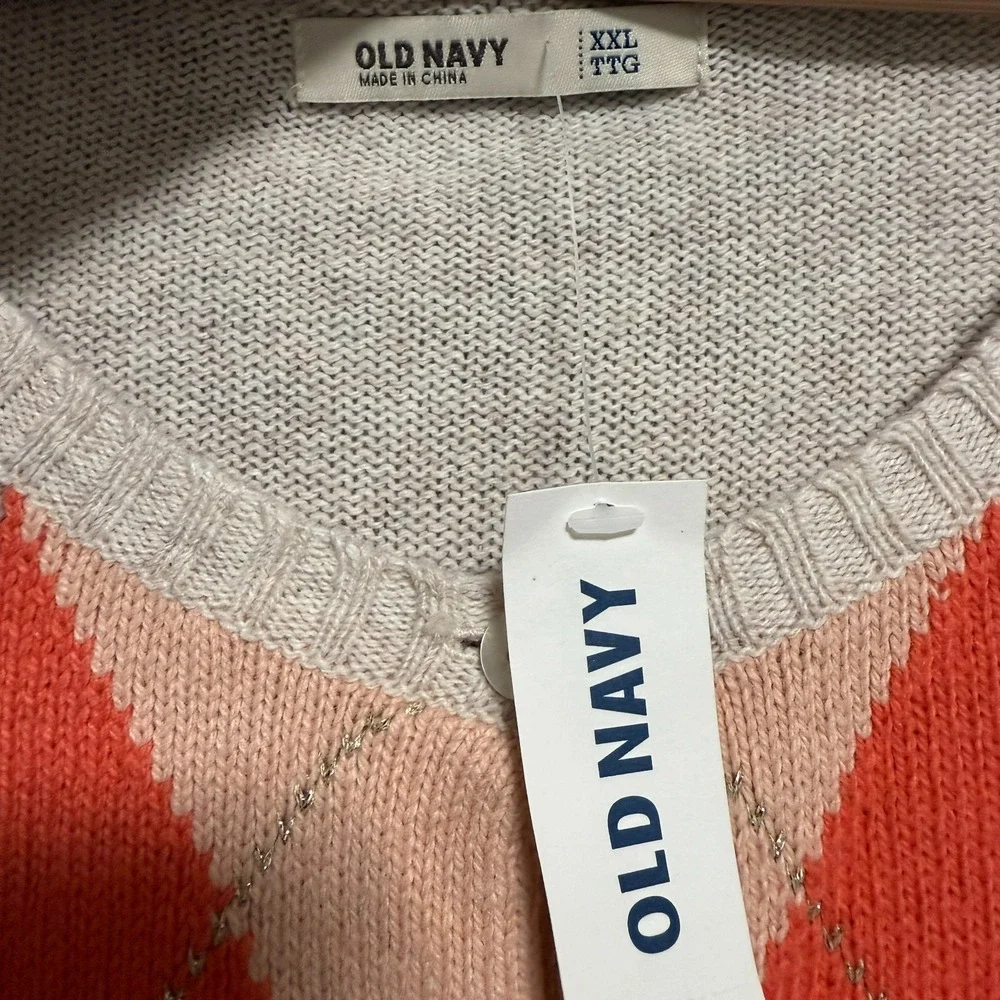 Old Navy Argyle Cardigan Sweater XXL Beige Orange Preppy Grandmacore Geek NWT‎